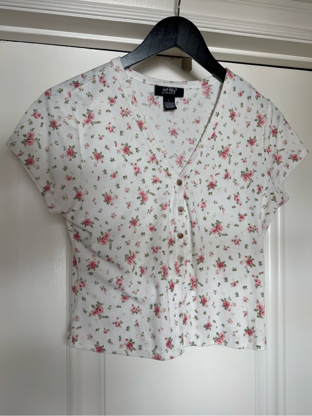 White Ribbed Button-Front Top with Pink Floral Print : Just Polly New York